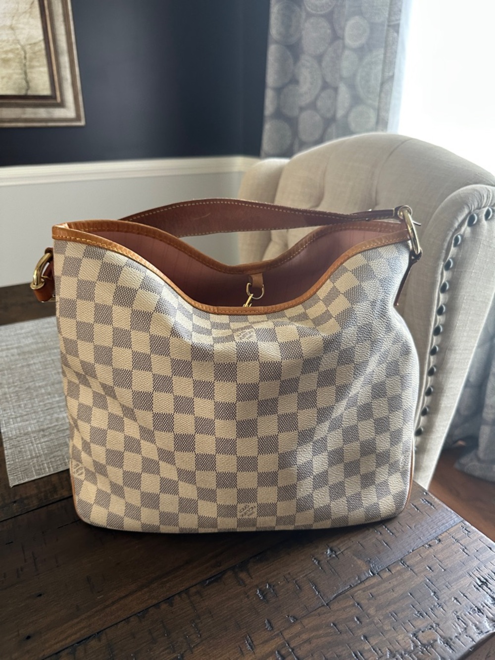 Louis Vuitton Damier Azur Hobo in Cream and Tan Leather Trim